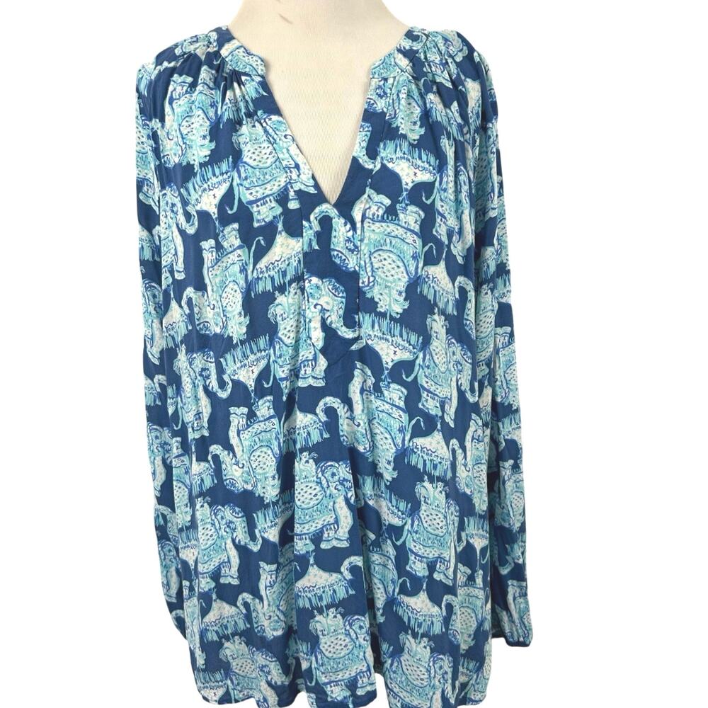 Lilly Pulitzer Elephant Print Tunic Top Womens XL Blue Aqua Long Sleeve
